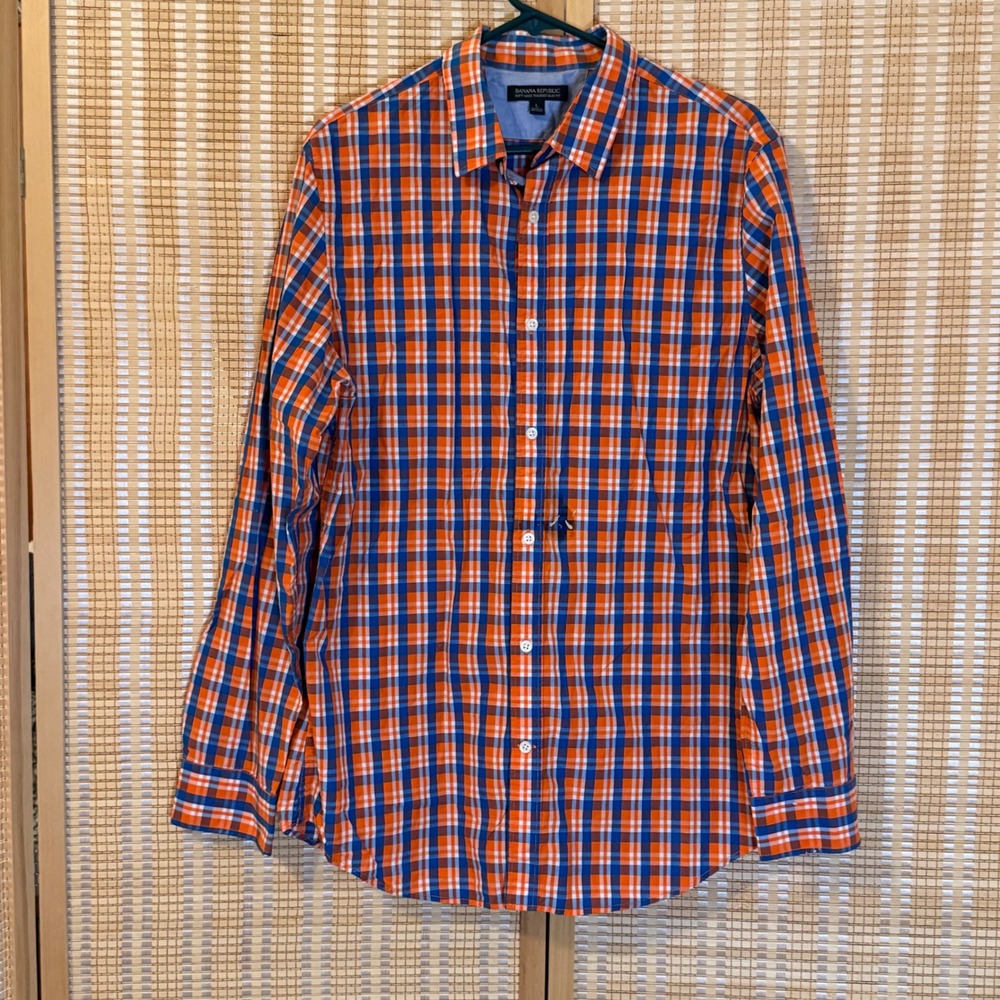 Banana Republic Mens Soft Wash Tailored Slim Fit Plaid Shirt Orange Blue L